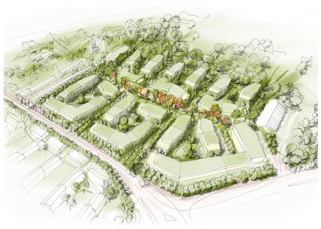 WB Leonhardstraße / Saurer-Allma-Gelände - Skizze Vogelperspektive Bild zum Projekt Wettbewerb Quartier an der Leonhardstraße / Saurer-Allma-Gelände Kempten